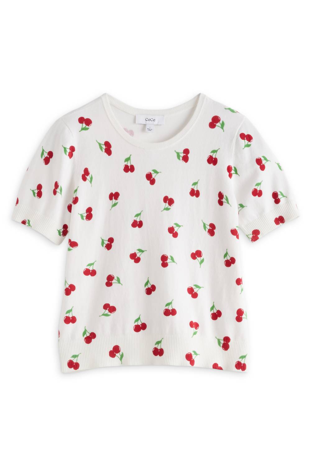 Women's Cherry Printed Short Sleeve Crew Neck Sweater