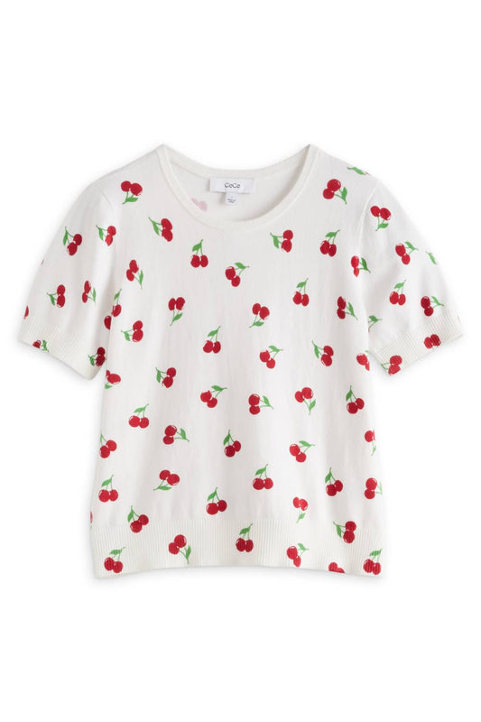 Women's Cherry Printed Short Sleeve Crew Neck Sweater