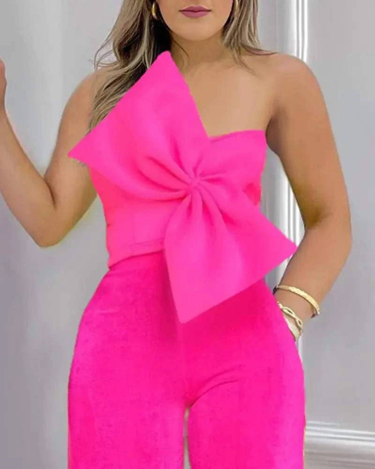 One-shoulder Bow Detail Wide-leg Set