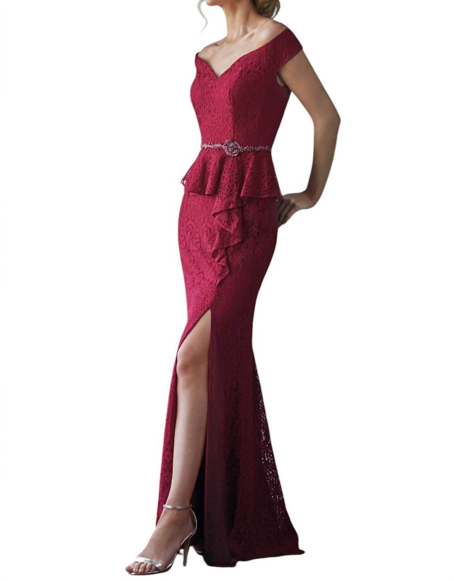 Jade Couture - Lace MOB Dress with Peplum & Portrait Neckline - Rack Hunt