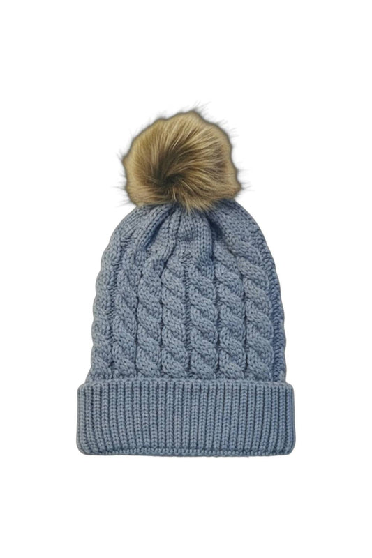 Kid's Knit Beanie With Fur Pom Pom