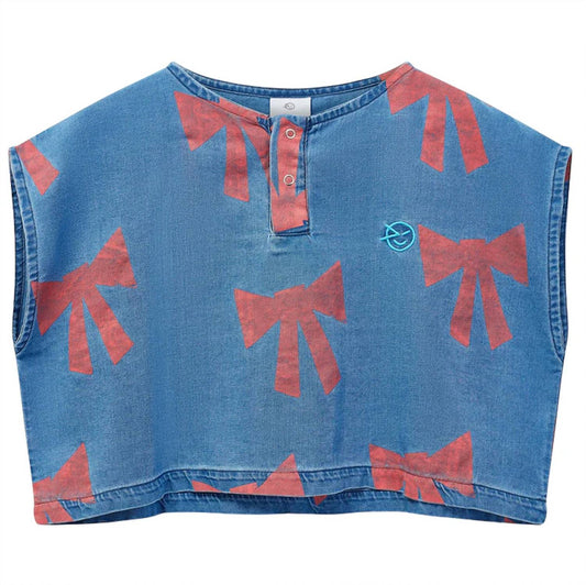 Girl Twill Denim Vela Bow Cotton Twill Top With Short Set