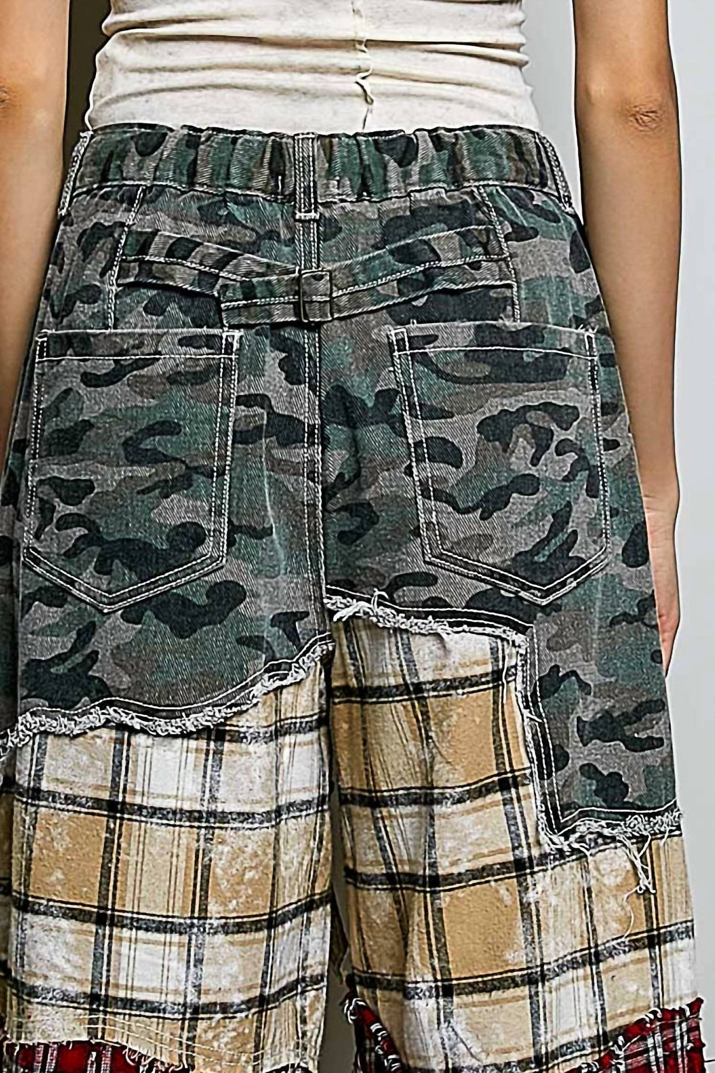 Asymmetrical Patchwork Buckle Back Detail Woven Pants