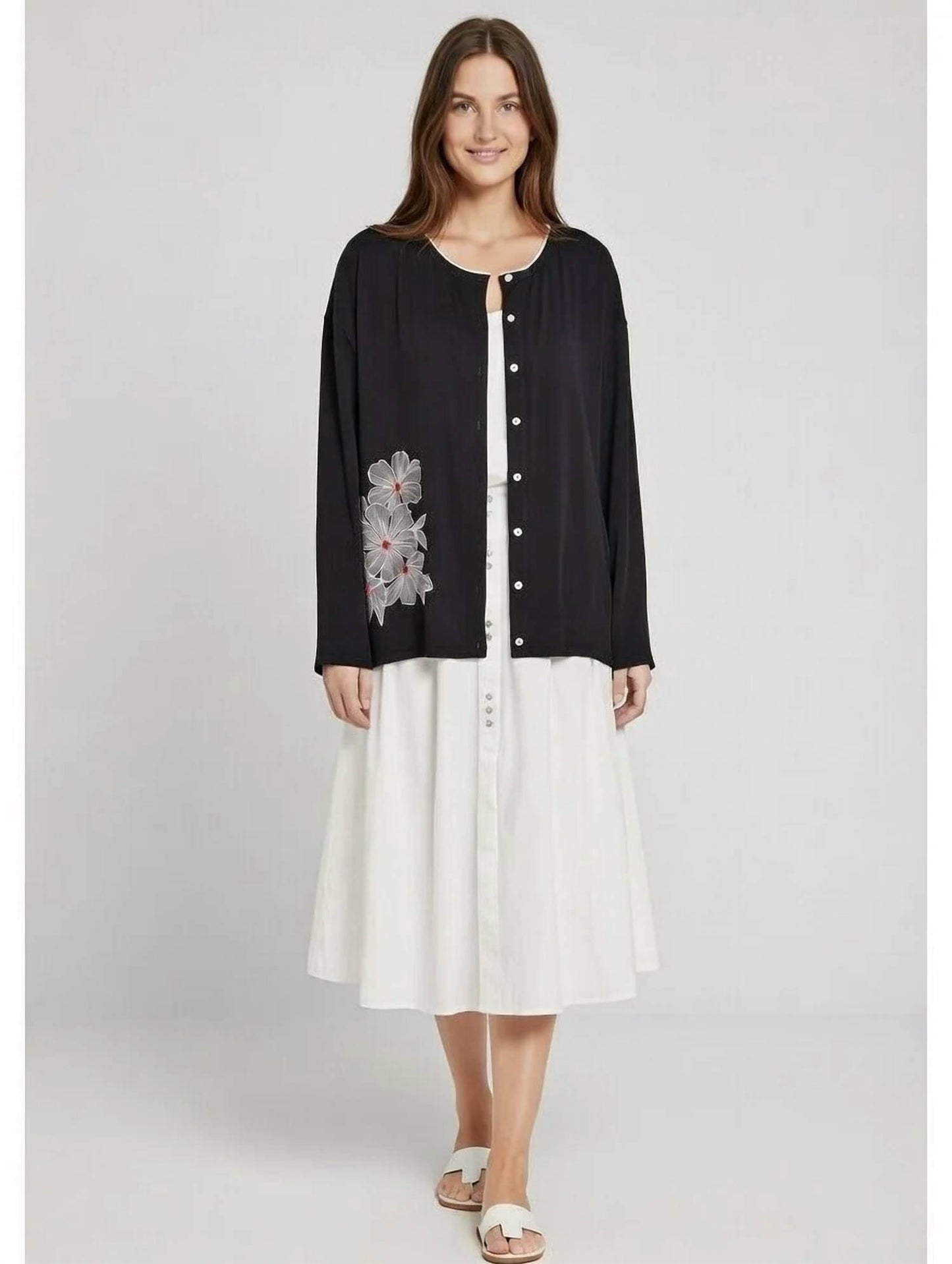 Floral Embroidery Button-down Top