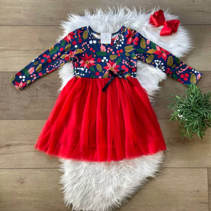 Girls Velvet Poinsettia Tulle Dress