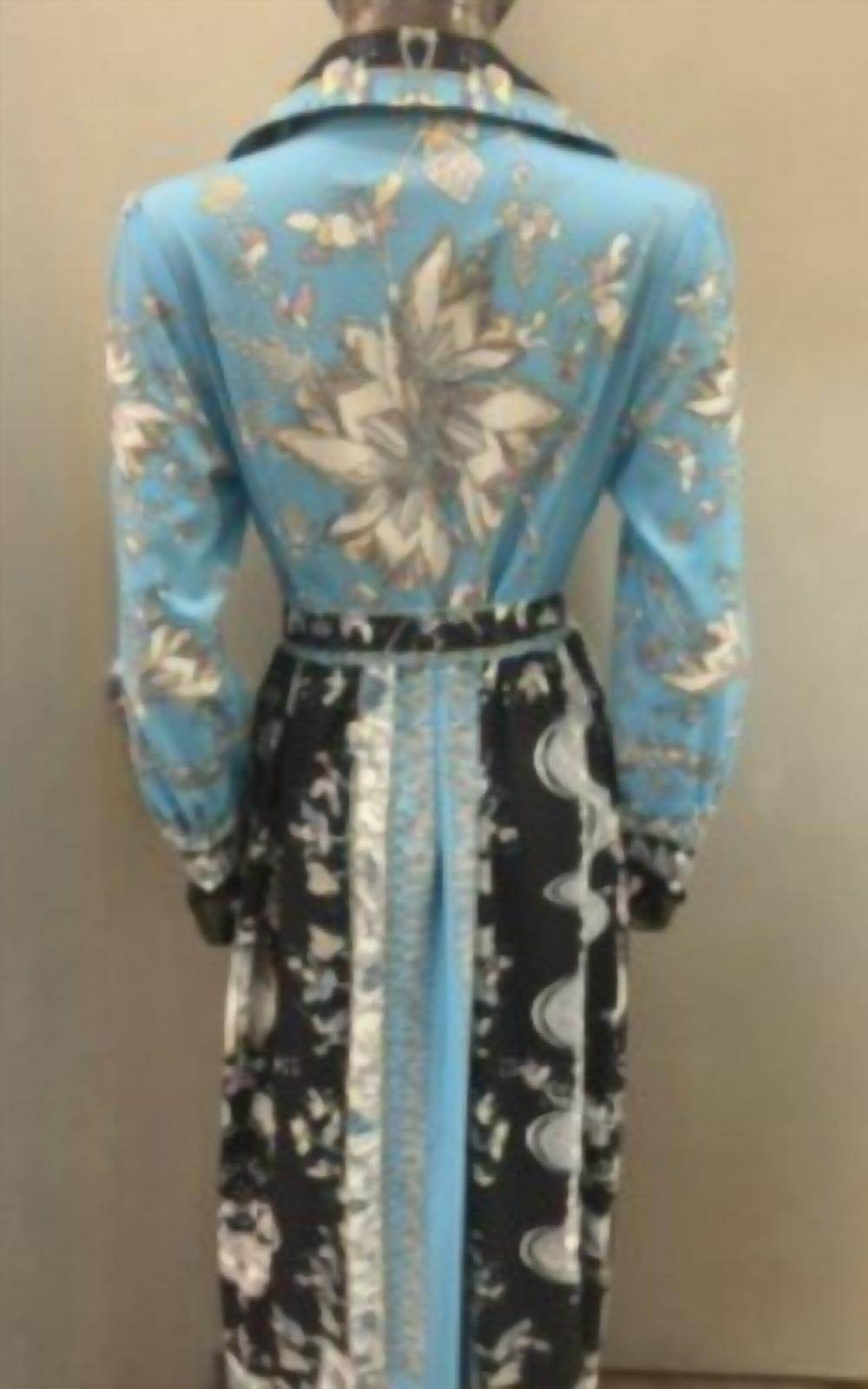N by Nancy - Blue long sleeve button up dress with floral deisgns with belt - Rack Hunt -
