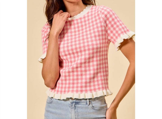 Gingham Knit Ruffled Short Sleeves Top