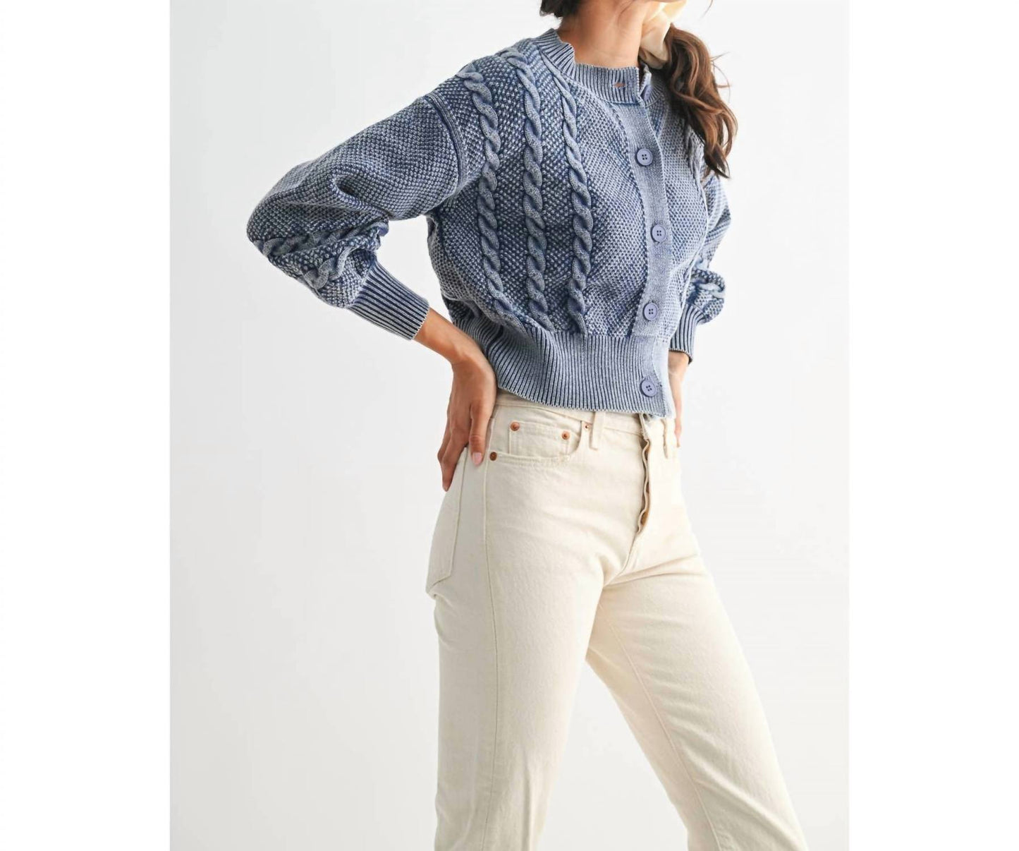 Washed Blended Cable Knit Cardigan