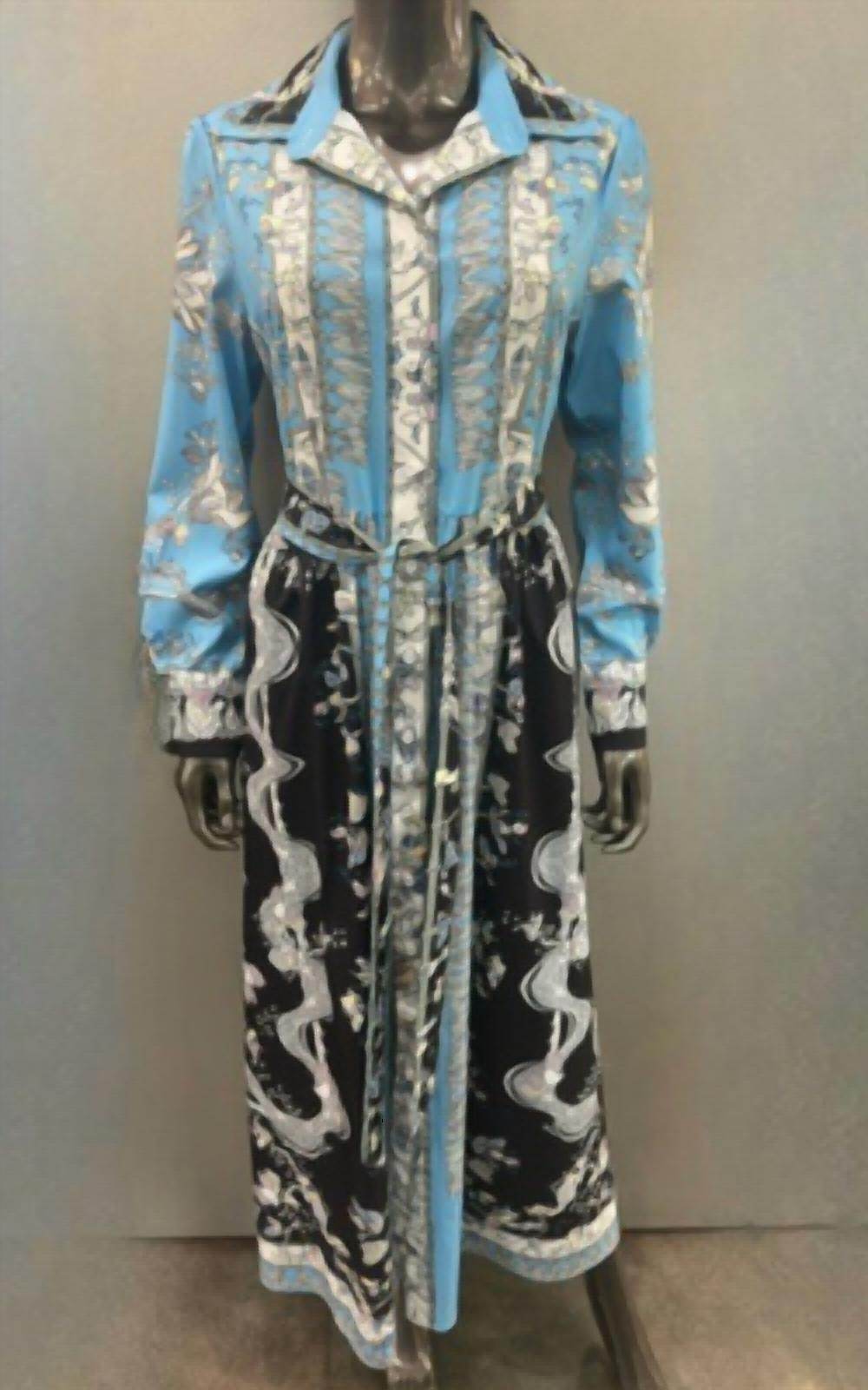 N by Nancy - Blue long sleeve button up dress with floral deisgns with belt - Rack Hunt -