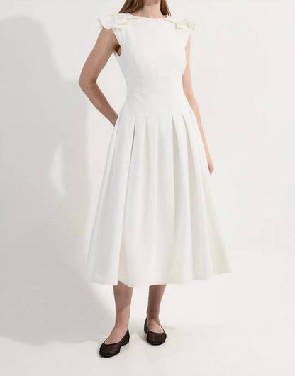 Structured Crepe Ruffle Shoulder Tailored Full Midi Dress