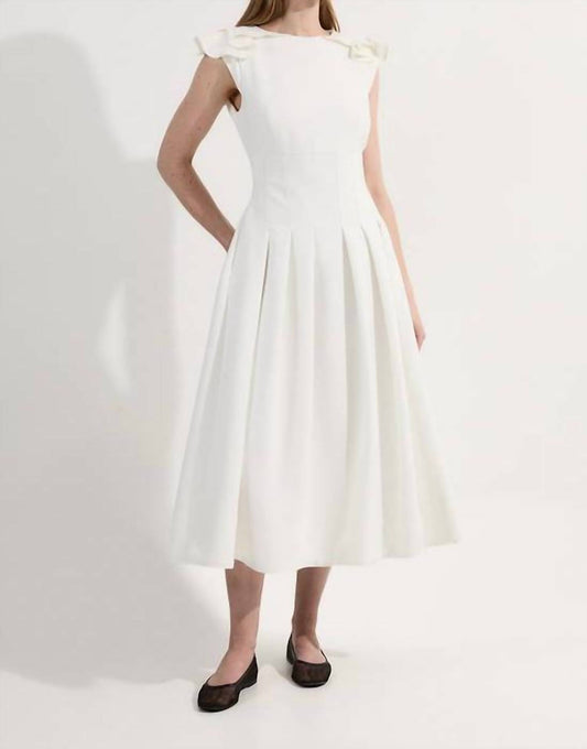 Structured Crepe Ruffle Shoulder Tailored Full Midi Dress