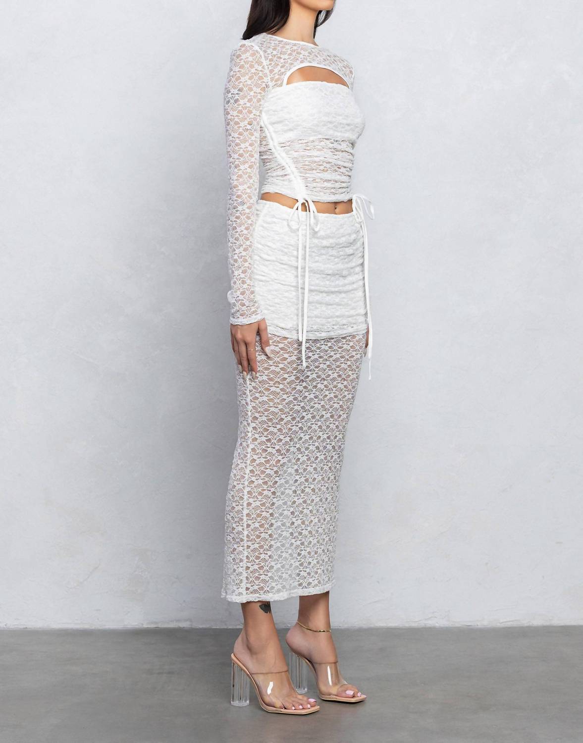 Lace Long Sleeve Cut-out Top And Long Skirt Set