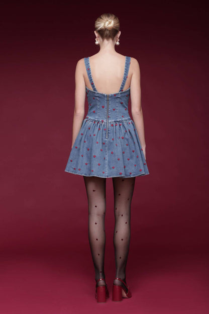 Embroidered Denim Drop-waist Mini Dress