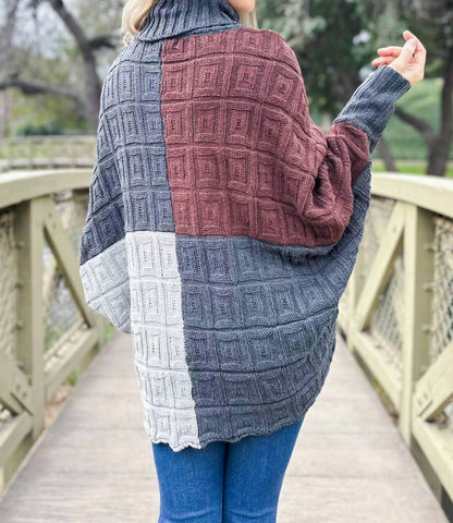 Color Block Dolman Sleeve Turtleneck Knit Sweater