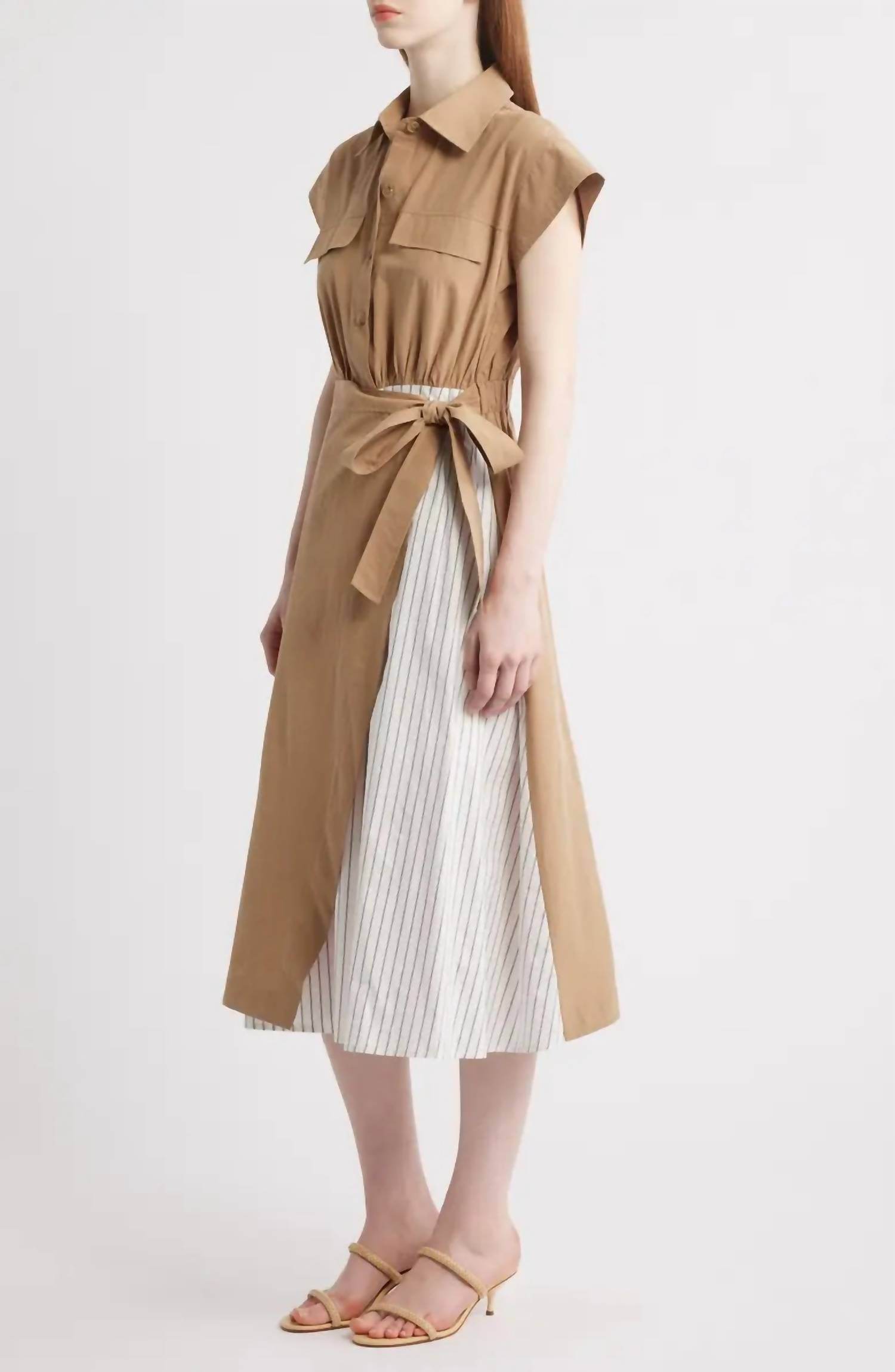 Zoe and Claire - Mixed Media Tie Waist Midi Shirtdress - Rack Hunt