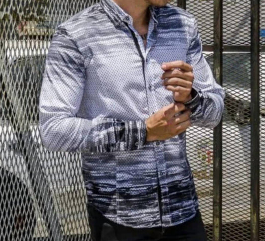 Button Down Print Shirt With Paisley Trim