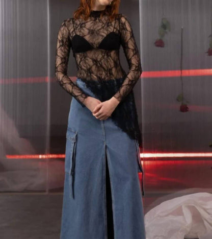 Women's Lace Asymmetric High Neck Top