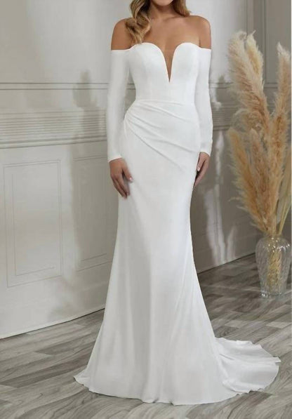 Plunging V-neck Off Shoulder Long Sleeve Gown
