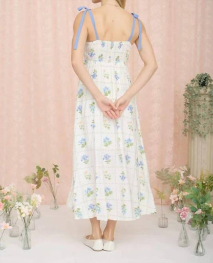Floral Tile Pattern Scalloped Tie Strap Midi Dress