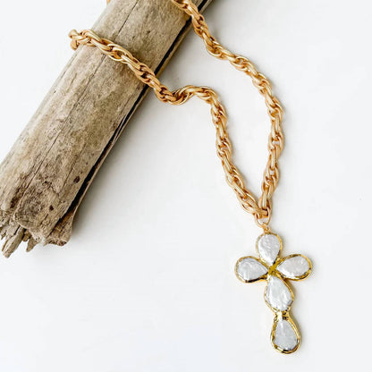 Women's Esther Luxe Pearl Cross On Twisted Etched Chain Necklace