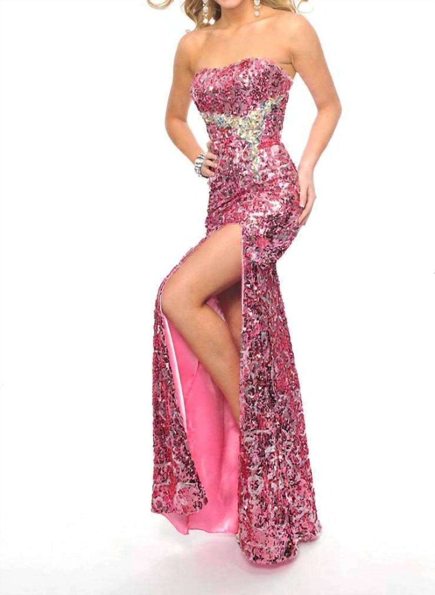Precious Formals - Fully Sequined Strapless Gown With High Slit - Rack Hunt -