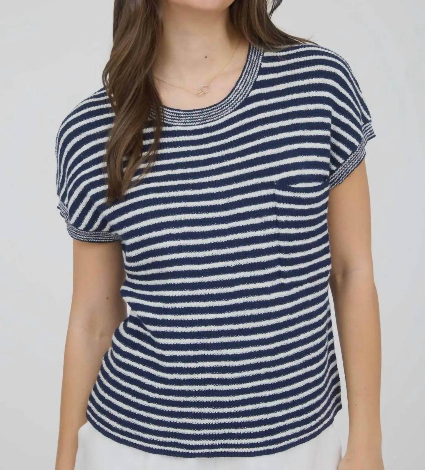 Studio by Workshop - Stripe Pocket Detail Short Sleeve Pullover Sweater - Rack Hunt -