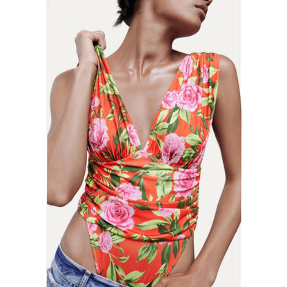 Draped Tropical Floral V Neck Bodysuit