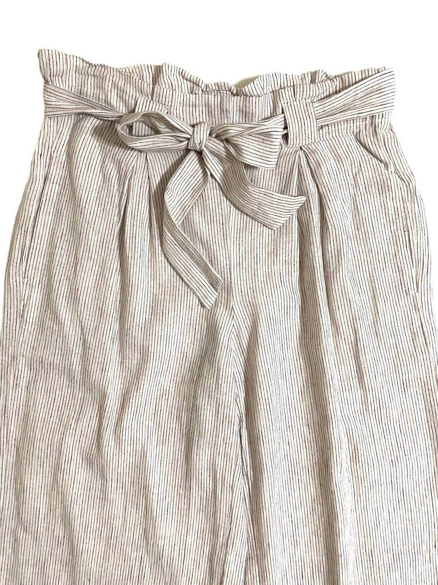 Max Studio - Women's Striped Linen Paperbag Belted Waist Wide Leg Pants - Rack Hunt -