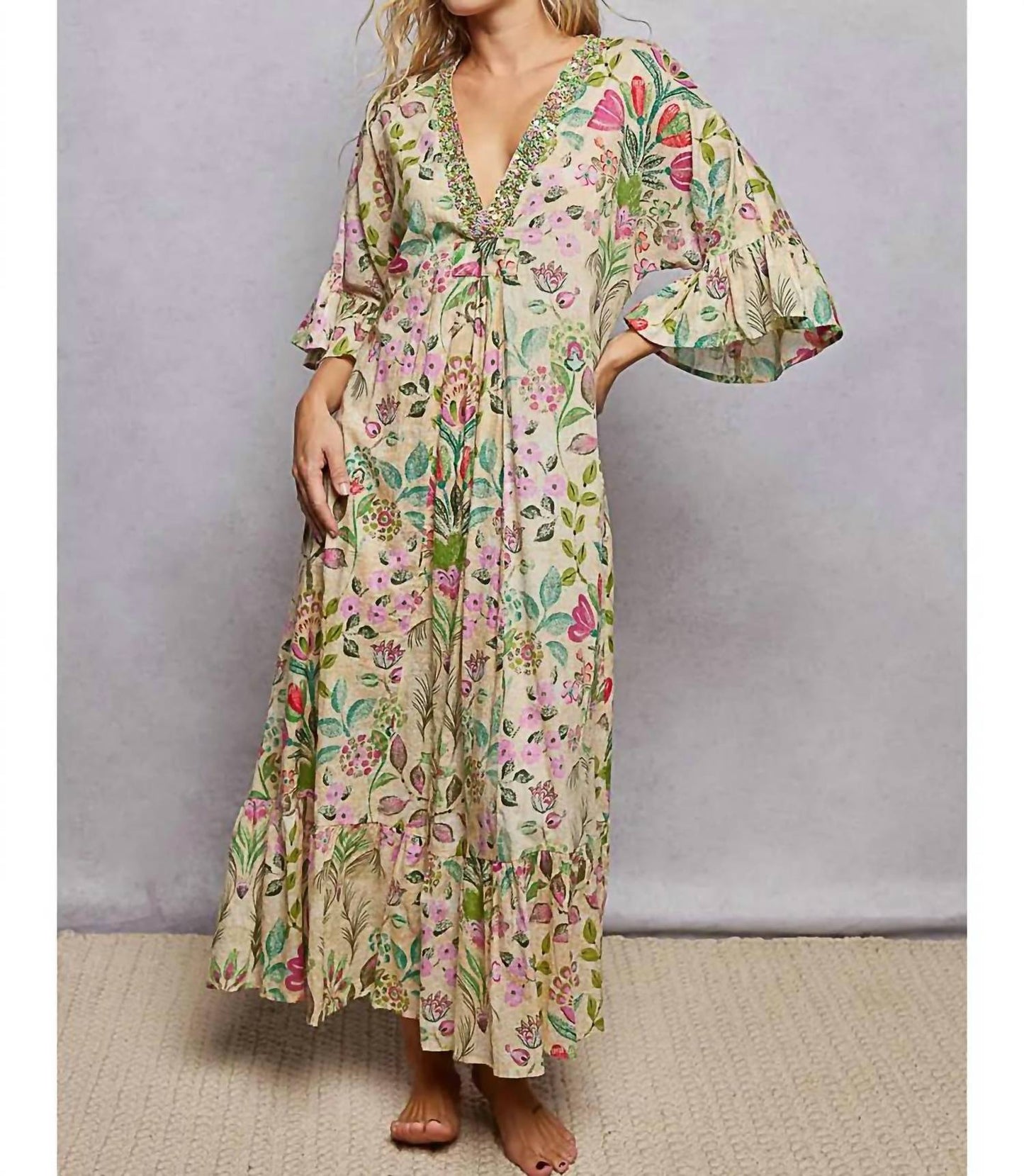 Women's Miami Deep V-neck Beaded Ruffle Maxi Dress