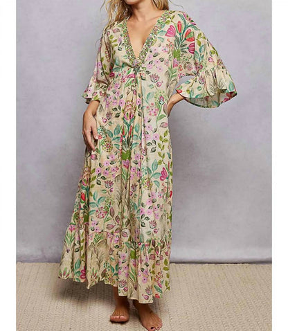 Women's Miami Deep V-neck Beaded Ruffle Maxi Dress