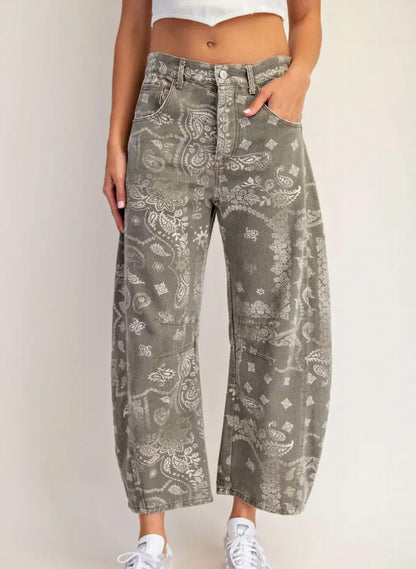Maggie Mineral Washed Paisley Printed Barrel Jeans