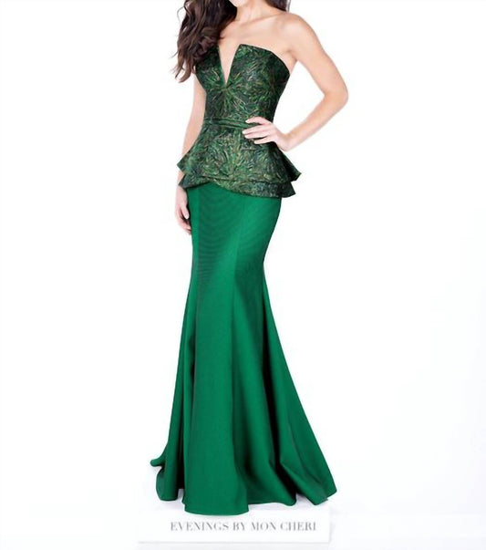 Social Occasions by Mon Cheri - Metallic Brocade Peplum Mermaid Long Gown - Rack Hunt -