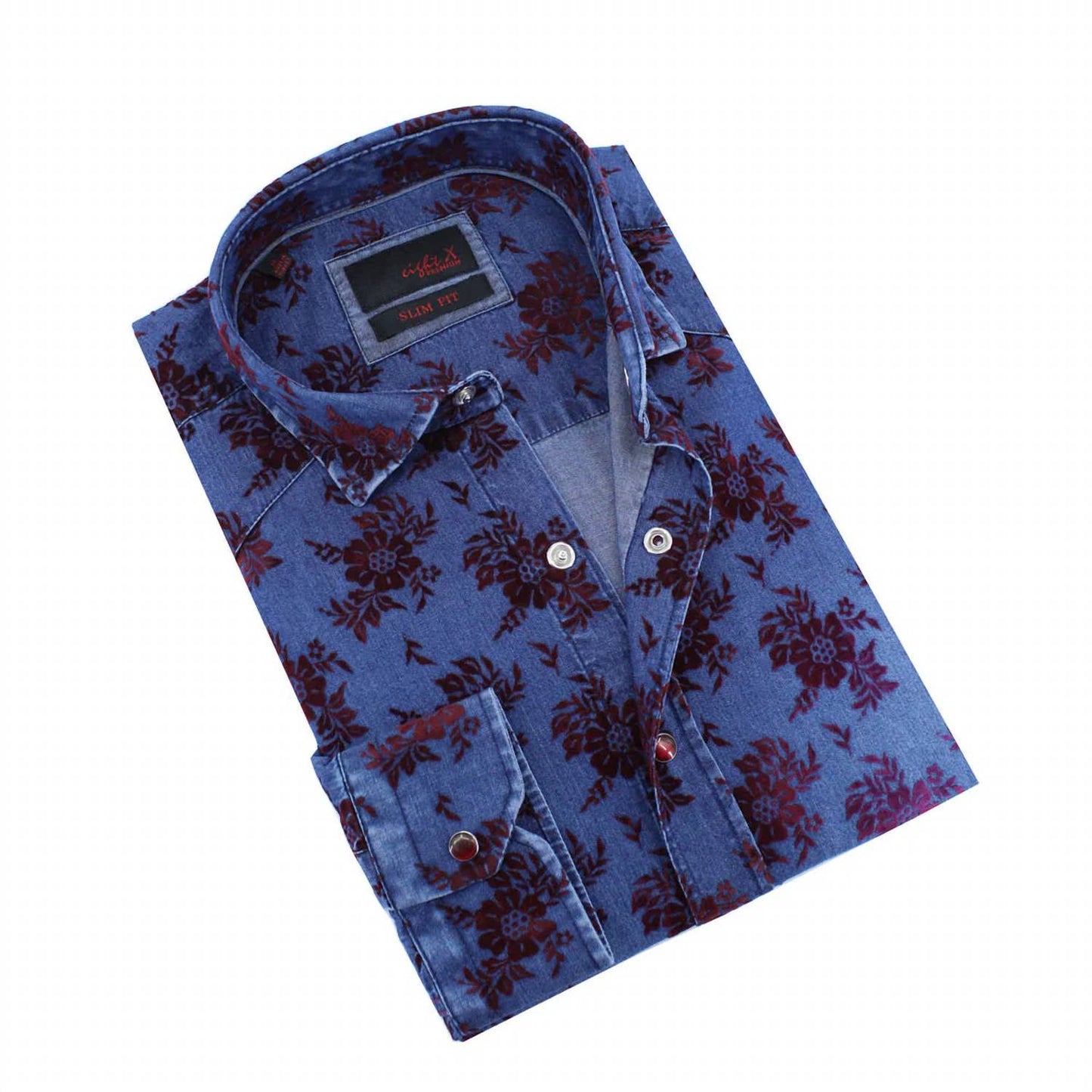 Denim Button Down Shirt with Flocking Bouquet