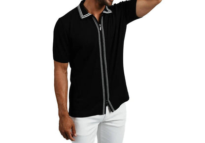 Contour Short Sleeve Two Way Zip Knit Polo Shirt