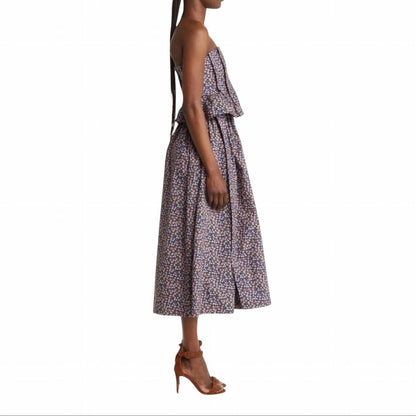 Ditsy Pintuck Peplum Strapless Midi Dress