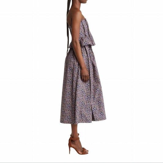 Ditsy Pintuck Peplum Strapless Midi Dress