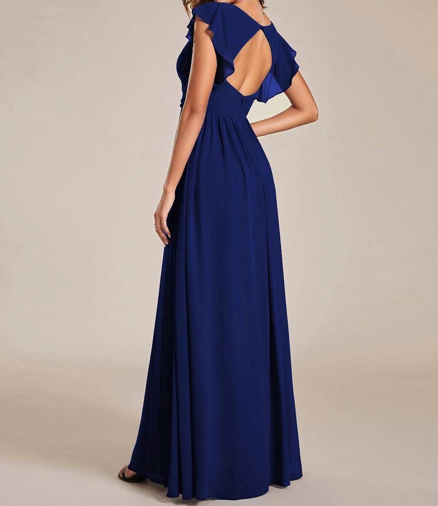 Ruffles Sleeve Back Cutout A-line Maxi Chiffon Bridesmaid Dress