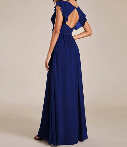 Ruffles Sleeve Back Cutout A-line Maxi Chiffon Bridesmaid Dress