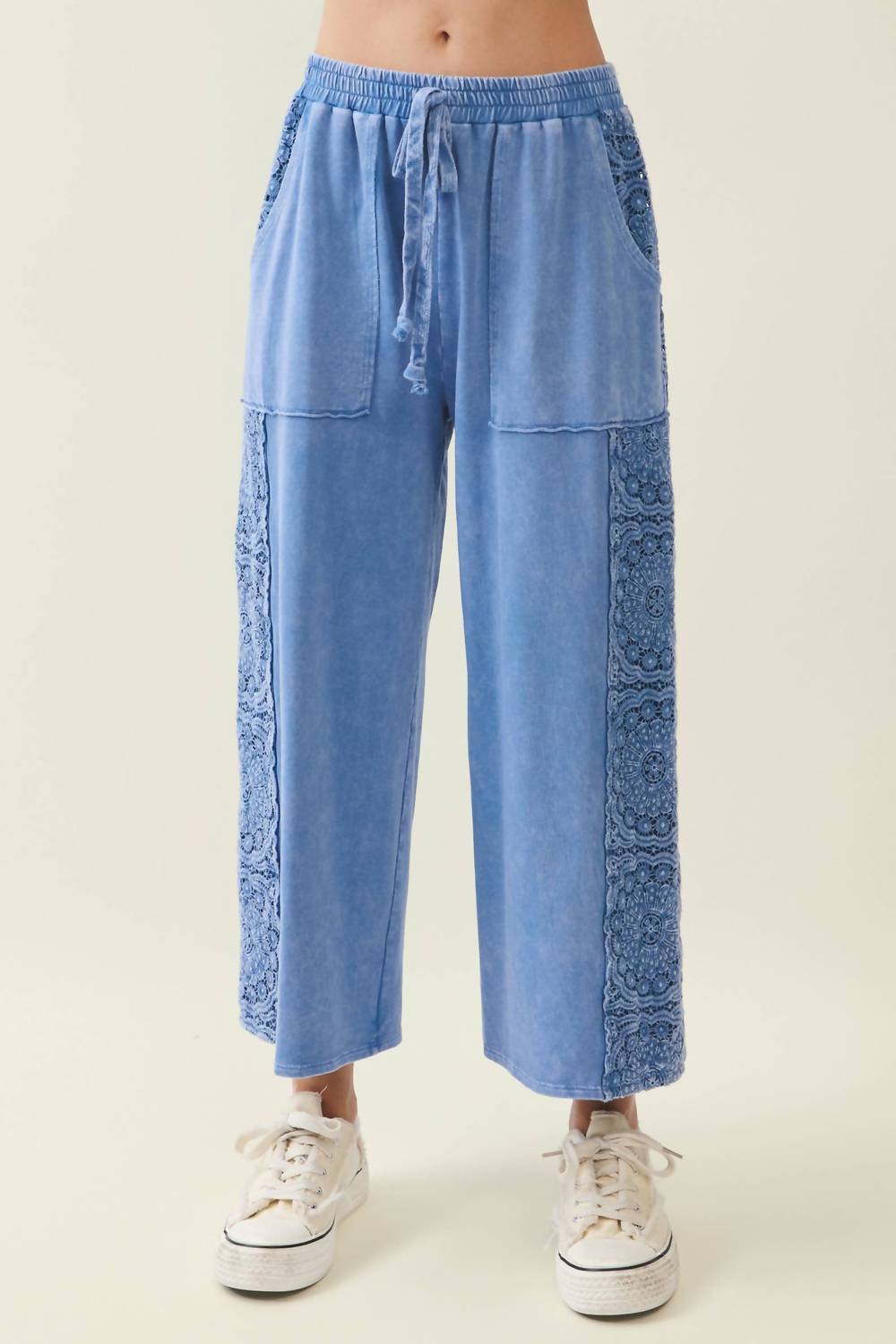 Mineral Washed Boho Trim Wide Leg Pants