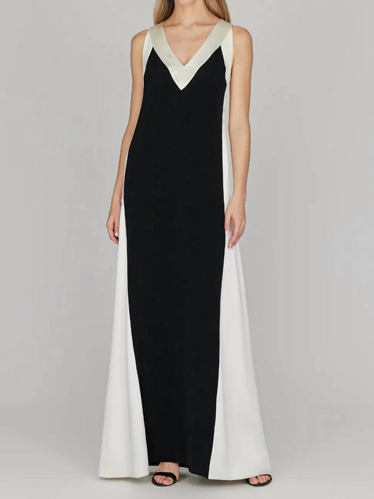 Satin V Neck Gown with Contrast Panels