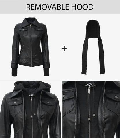 Women's Bomber Leather Jacket With Removable Hood