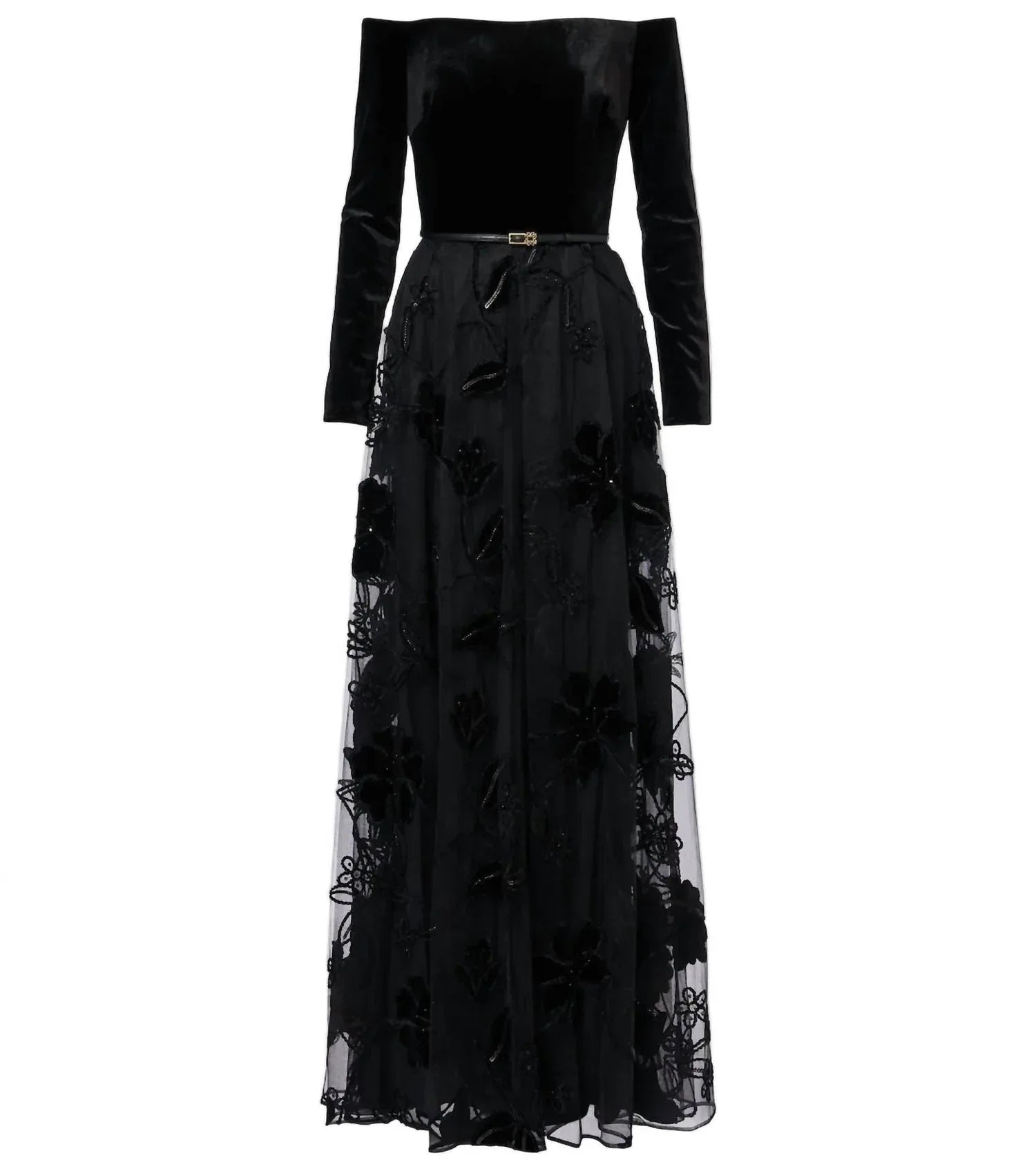 Elie Saab - Velvet Tulle Embroidered Long Dress - Rack Hunt