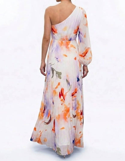 Chicways One-Shoulder Pleated Floral Maxi Dress