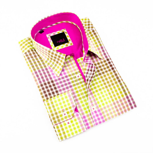Men's Checkered Button Down Shirt With Solid Trim