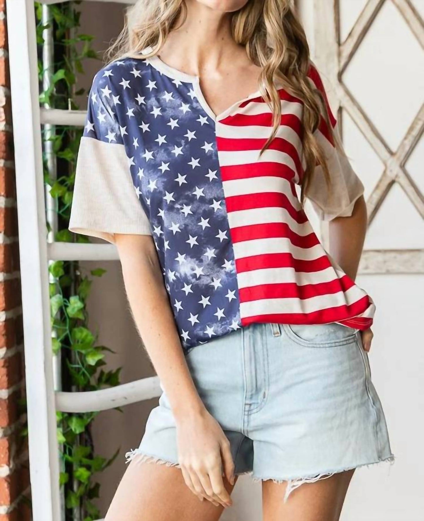 Women's Solid And Flag Theme Top