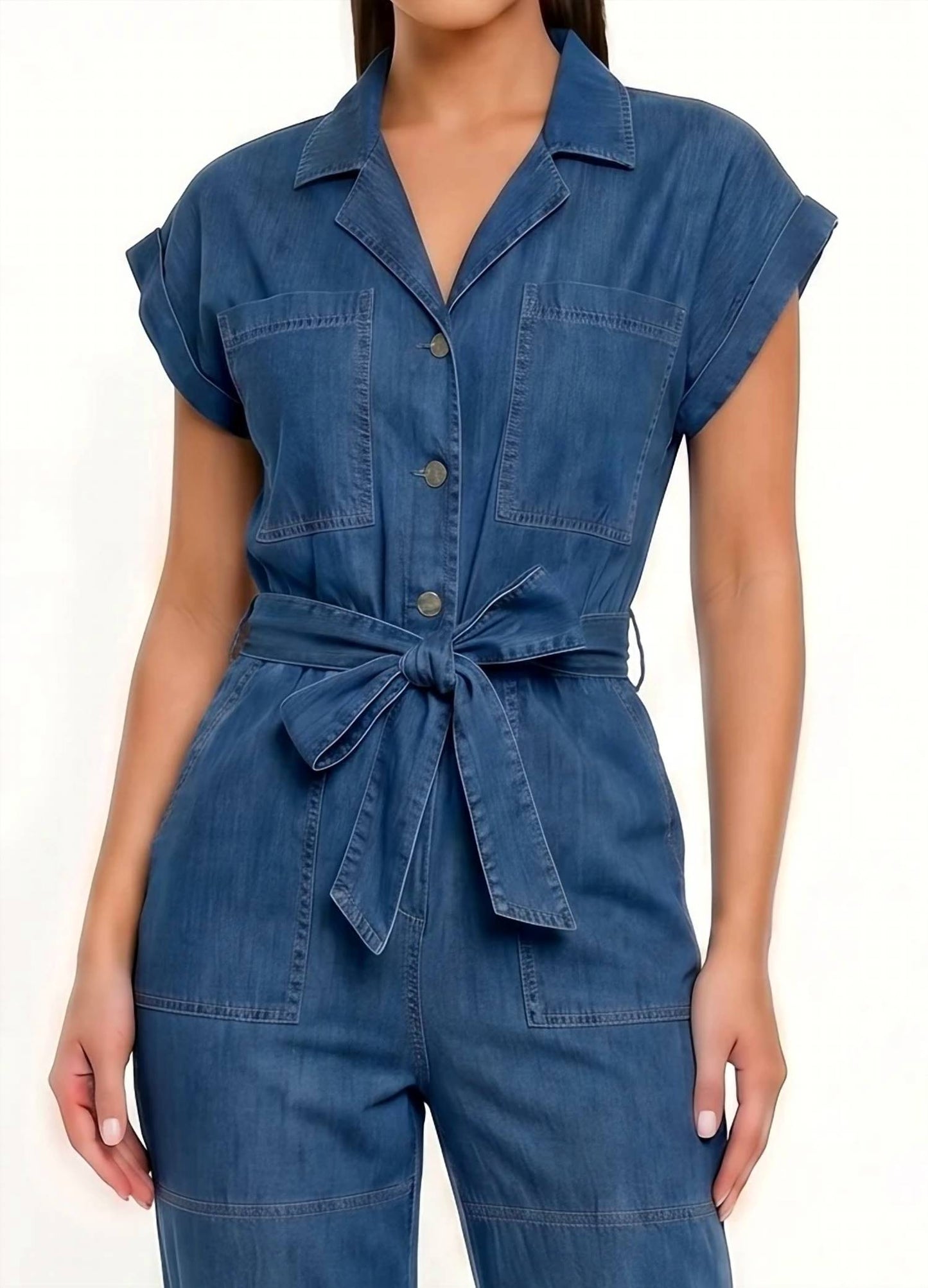Belted Notch Cuffed Sleeve Jumpsuit