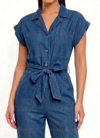 Belted Notch Cuffed Sleeve Jumpsuit
