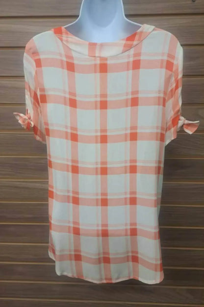 Moci - Women's Tied Short Sleeve Plaid Linen Blouse - Rack Hunt