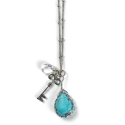 Women's Turquoise Key And Bead Charm Necklace