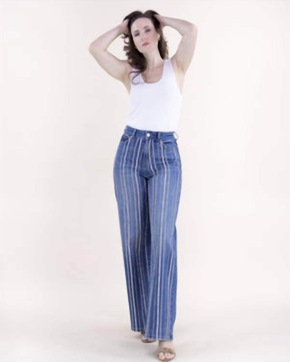 Original USA - Pinstripe Rhinestone Embellished High Rise Ultra Wide Leg Jeans Plus - Rack Hunt -
